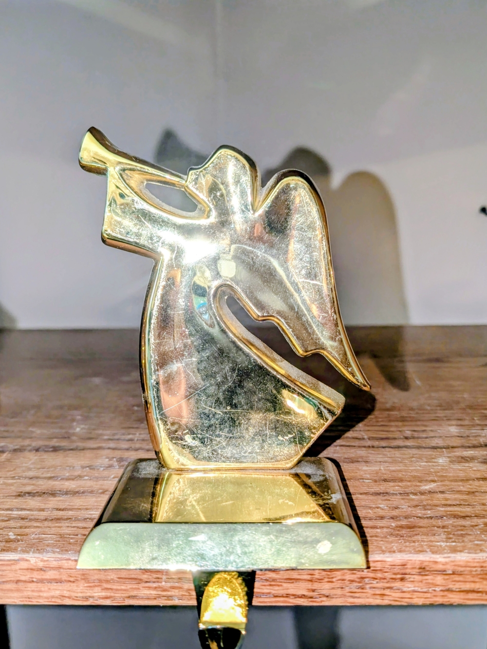 Vintage Brass Angel And Reindeer  Stocking Holders - Set Of 3